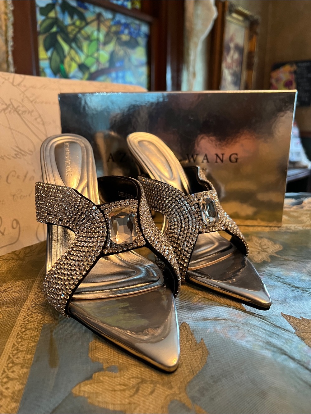 Azalea Wang Silver Crystal-Embellished Pointed Mules